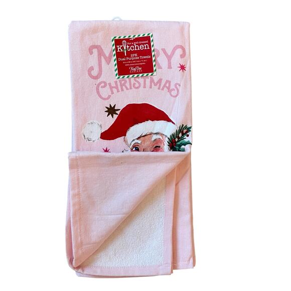 Set of 2  Pink Santa Christmas Kitchen Towels 18x28 Cotton Reto Holiday New - Picture 4 of 12